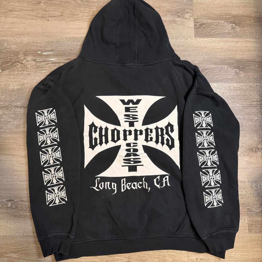90s RARE West Coast Choppers Jesse James Iron Cross Hoodie Vintage Biker 2XL